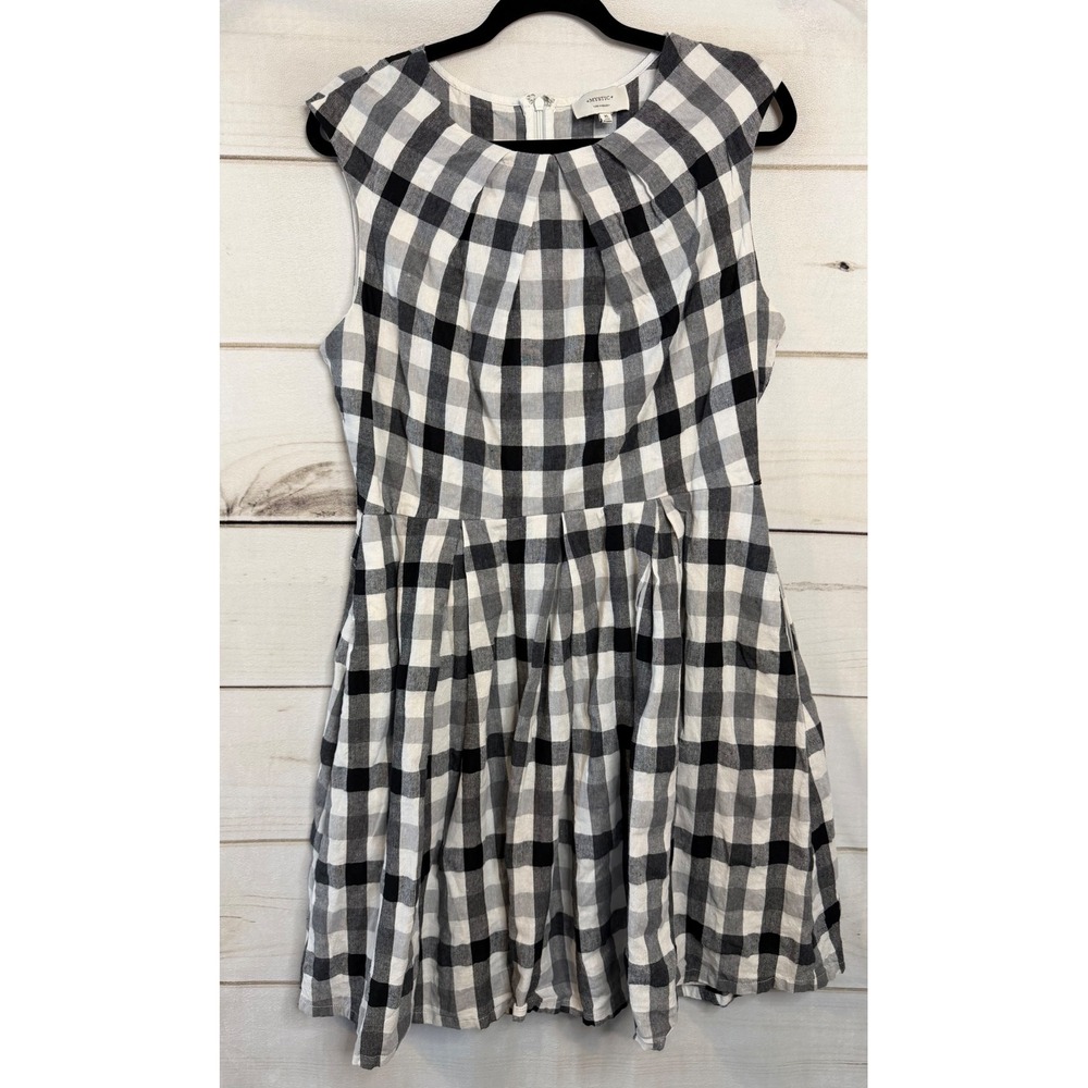 Mystic Los Angeles Womens XL Black‎ White Gingham Plaid Linen Blend Flare Dress
